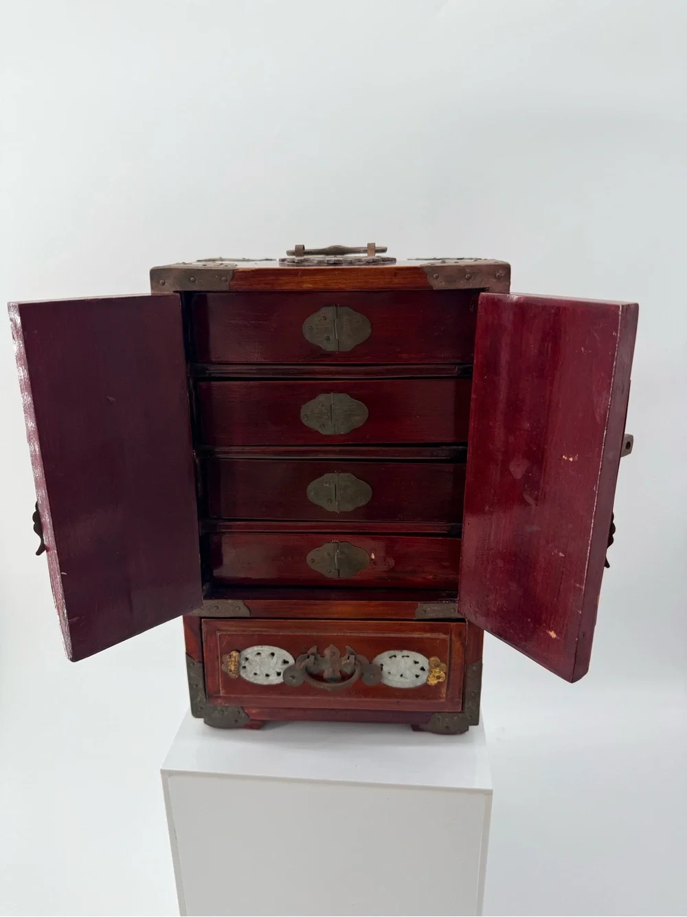 Antique-Style Red Wood Jewelry Cabinet with Jade Inlay - Unbranded